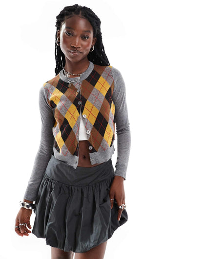 Grey Marl Cardigan Withharlequin Pattern Front Panel