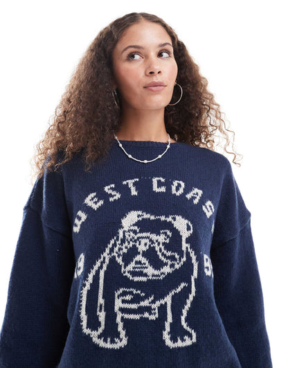 Relaxed Knitted Jumper With Bulldog Intarsia