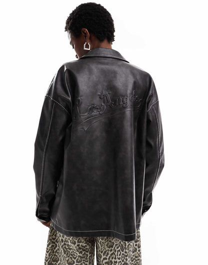 Pu Boxy Jacket With Los Angeles Applique