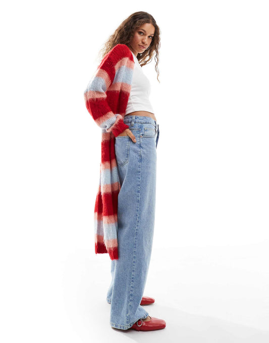 Brushed Chunky Knit Multi Stripe Maxi Cardigan