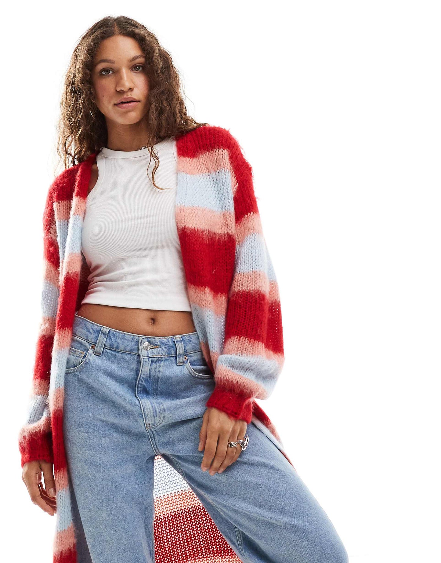 Brushed Chunky Knit Multi Stripe Maxi Cardigan