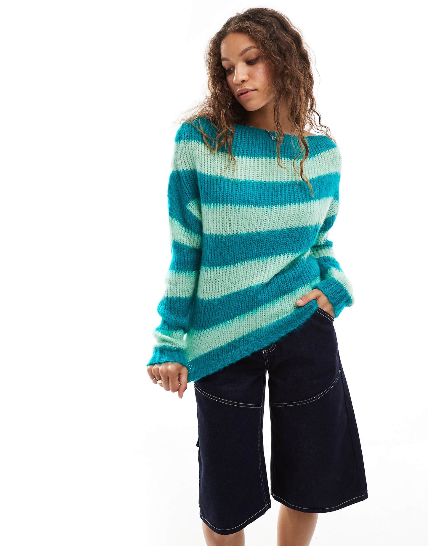 Tonal Greens Chunky Stripe Brushed Knitted Jumper