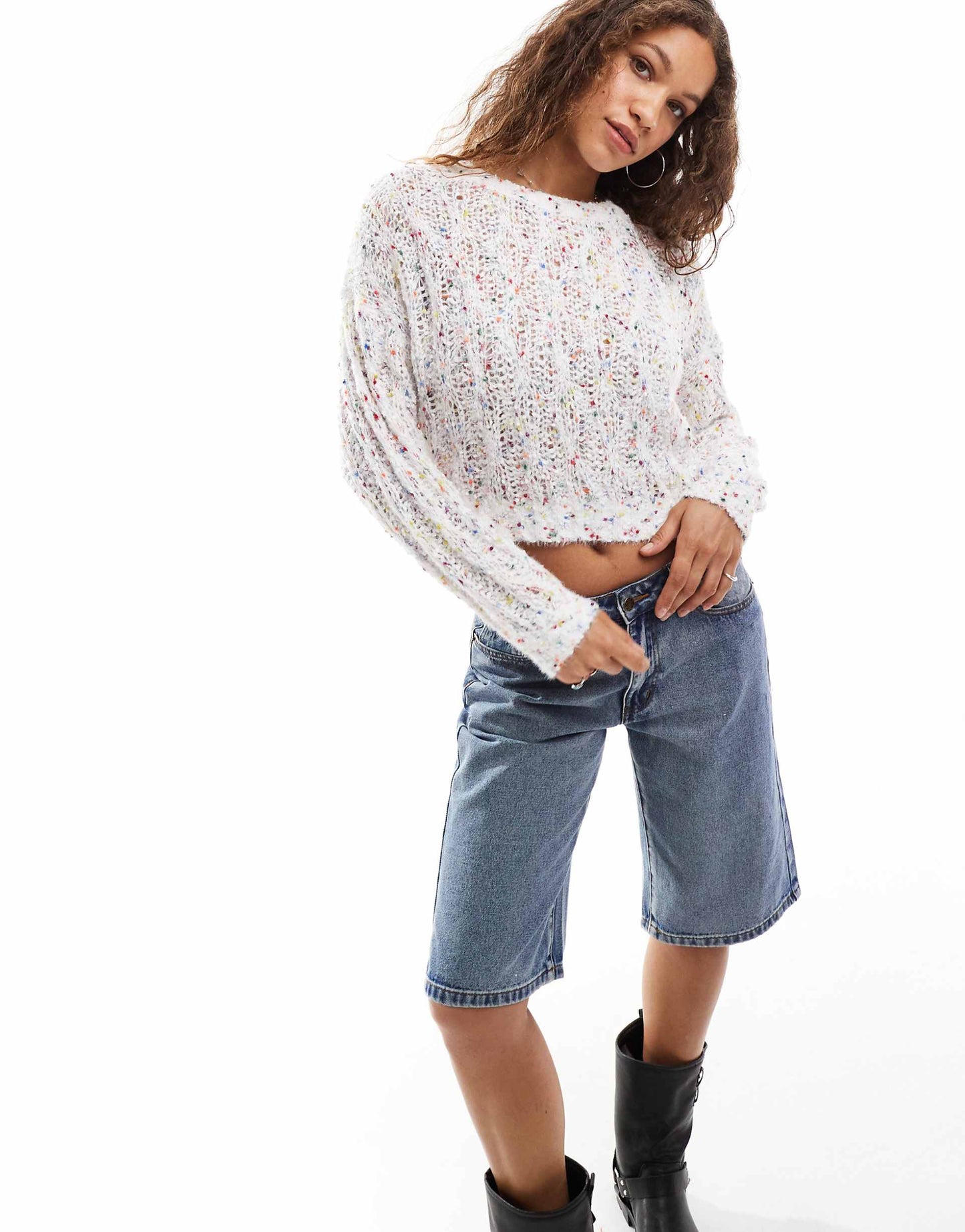 Cream Multi Marl Loose Knitted Crop Jumper