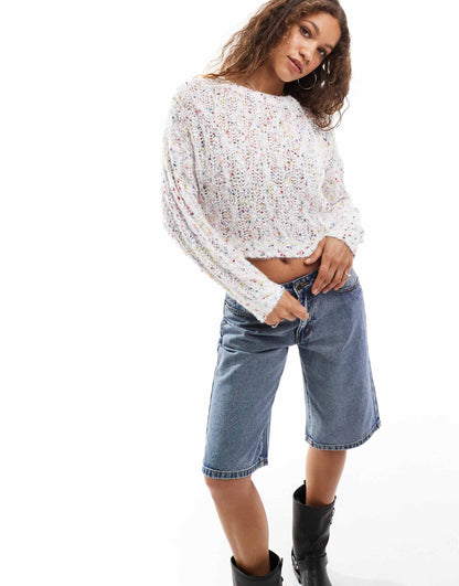 Cream Multi Marl Loose Knitted Crop Jumper