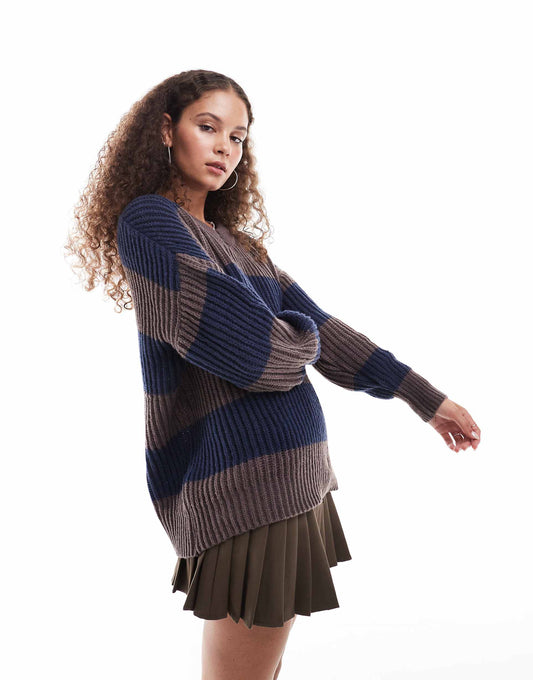 V Neck Stripe Knitted Ribbed Jumper