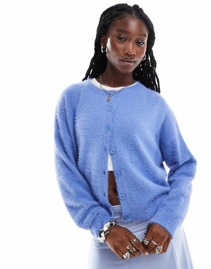 Blue Fluffyeyelash Knit Boxy Crew Neck Cardigan