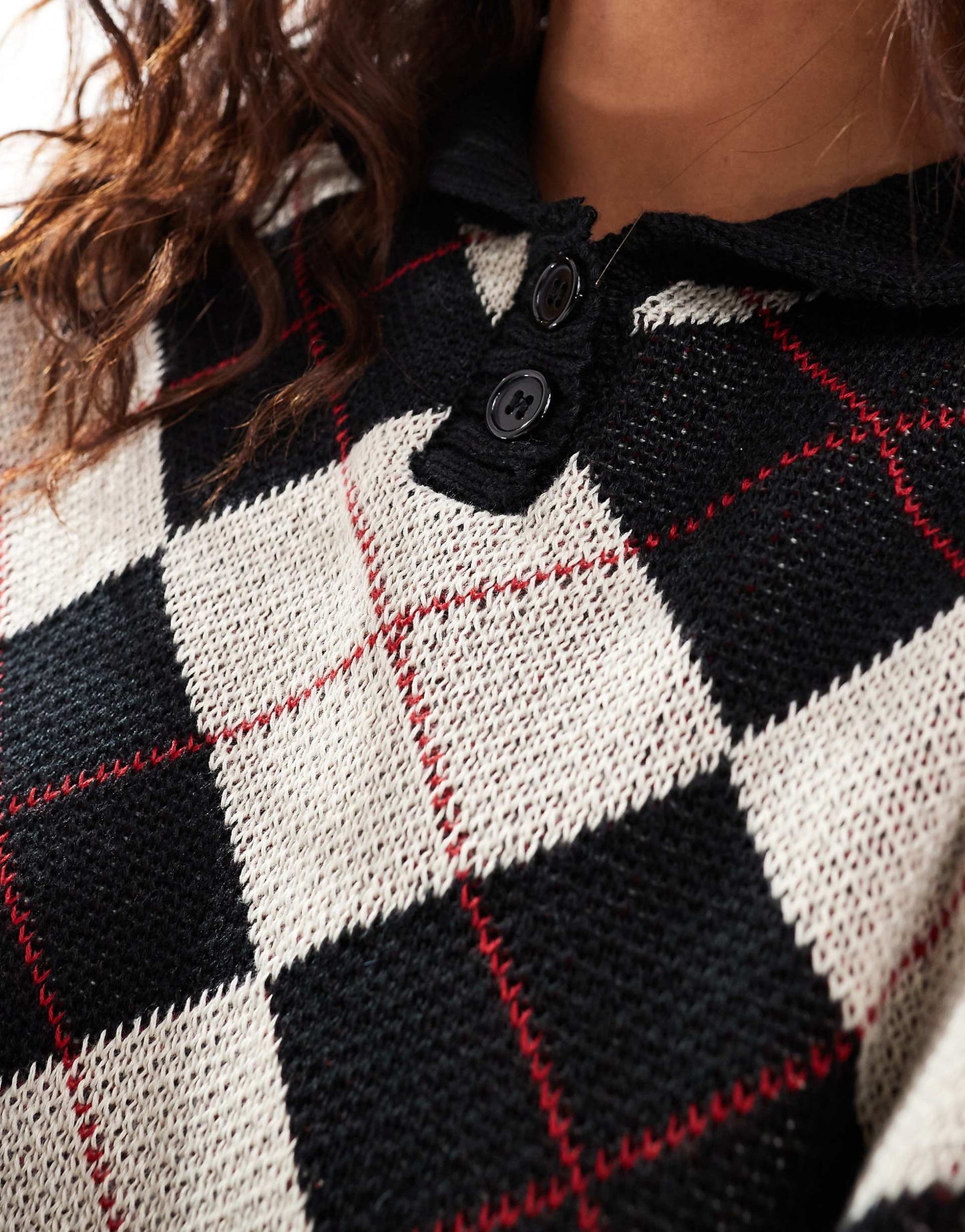 Black And Stone Collared Jumper With All Over Argyle Pattern