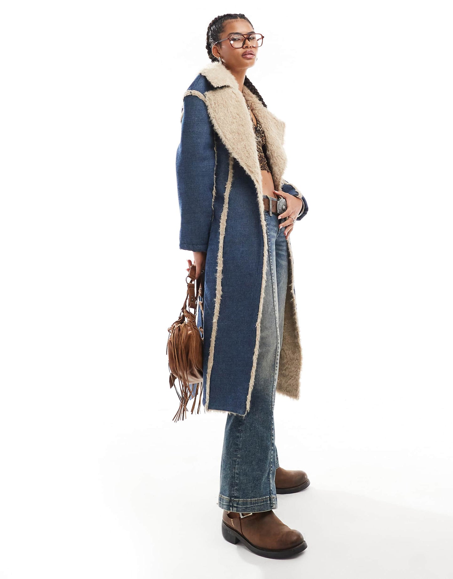 Denim Trench Coat With Frayed Edges And Faux Fur Trim