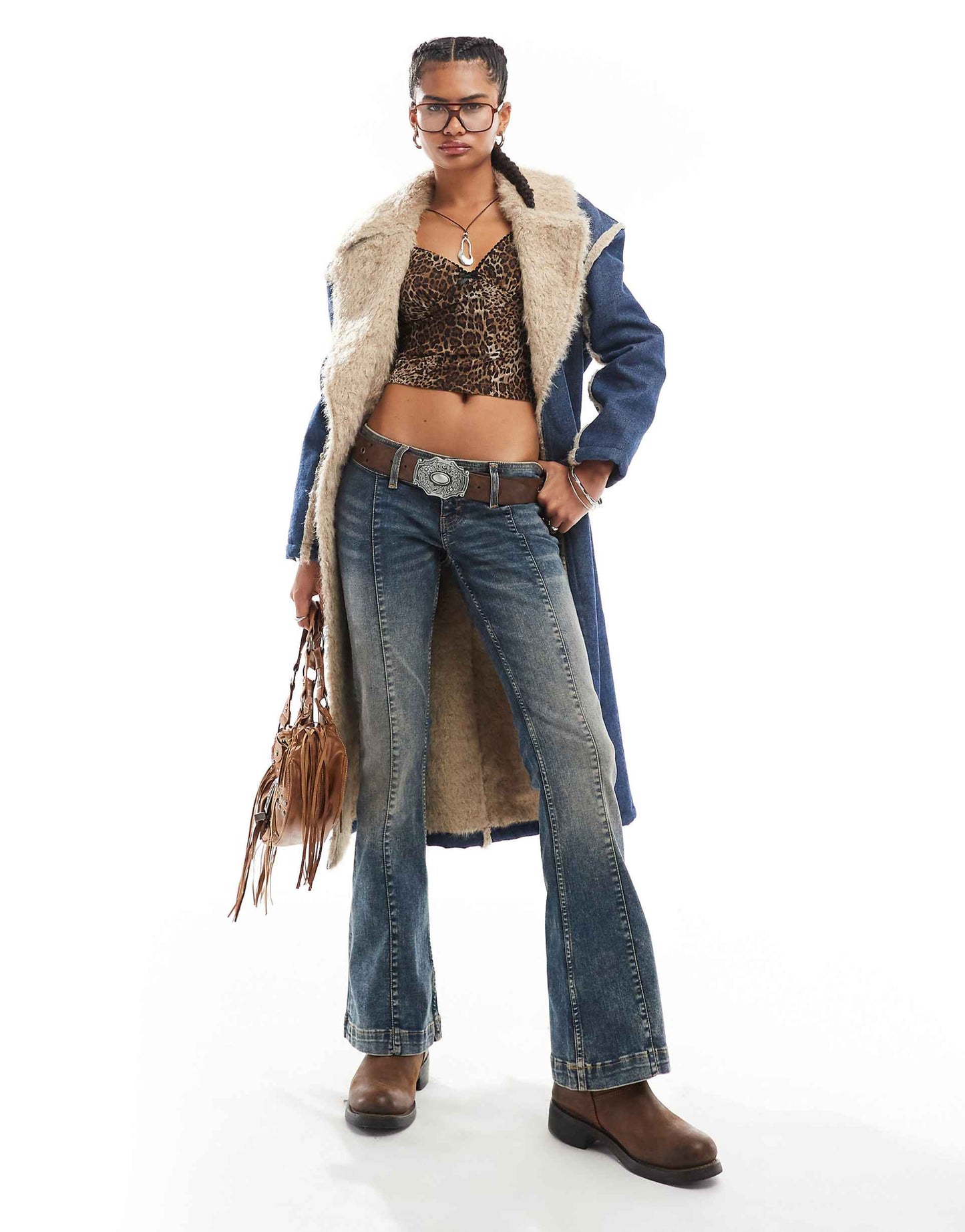 Denim Trench Coat With Frayed Edges And Faux Fur Trim