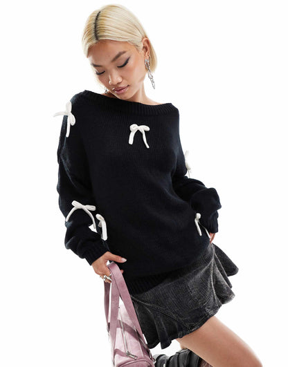 Slouchy Off The Shoulder Bow Detail Jumper