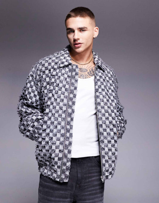 Oversized Textured Checkerboard Harrington Jacket
