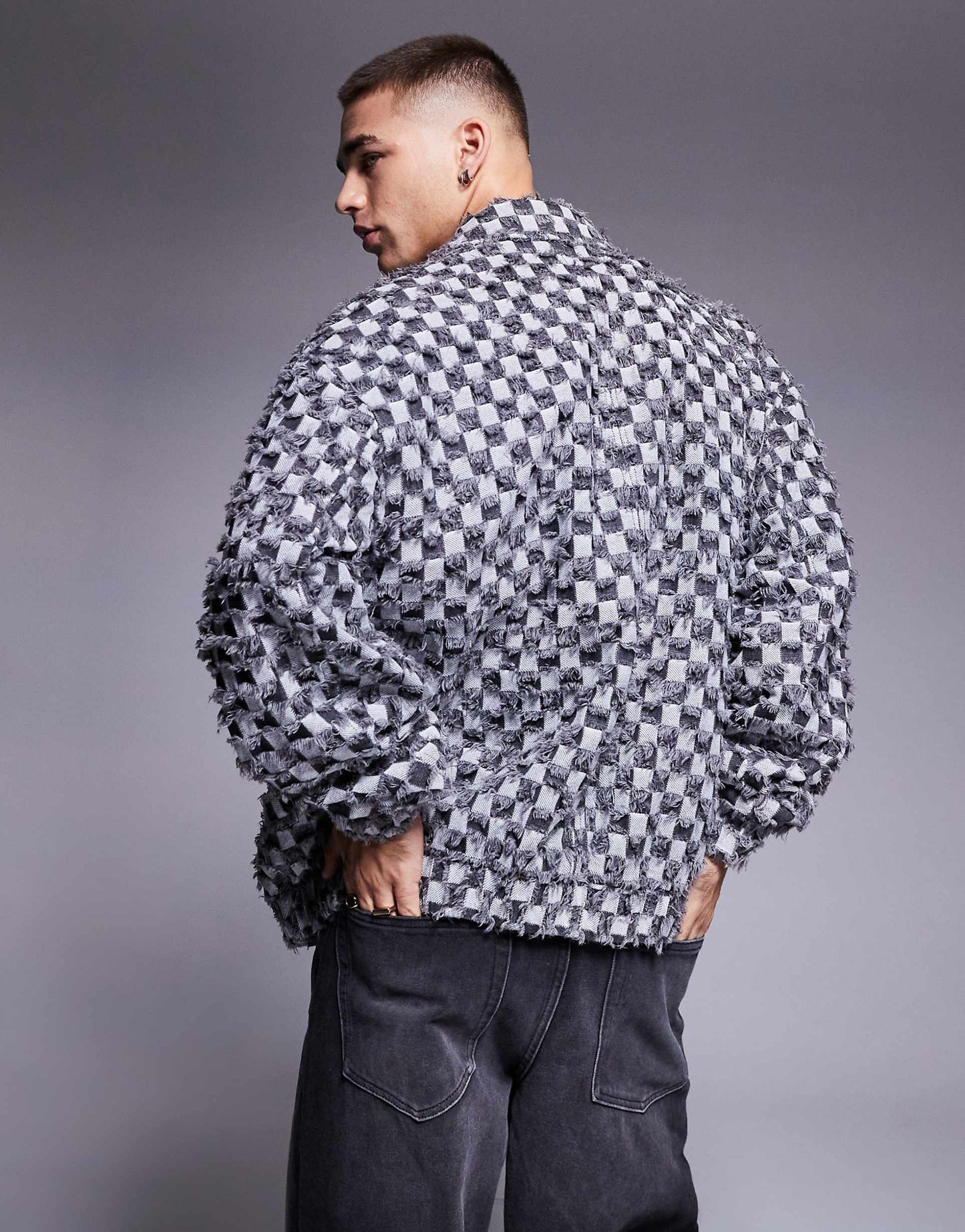 Oversized Textured Checkerboard Harrington Jacket