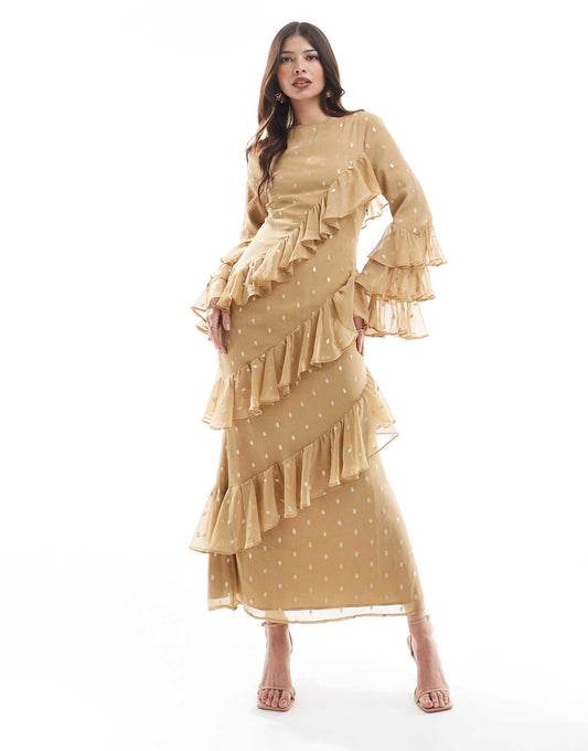 Tiered Sleeve Maxi Dress With Ruffles