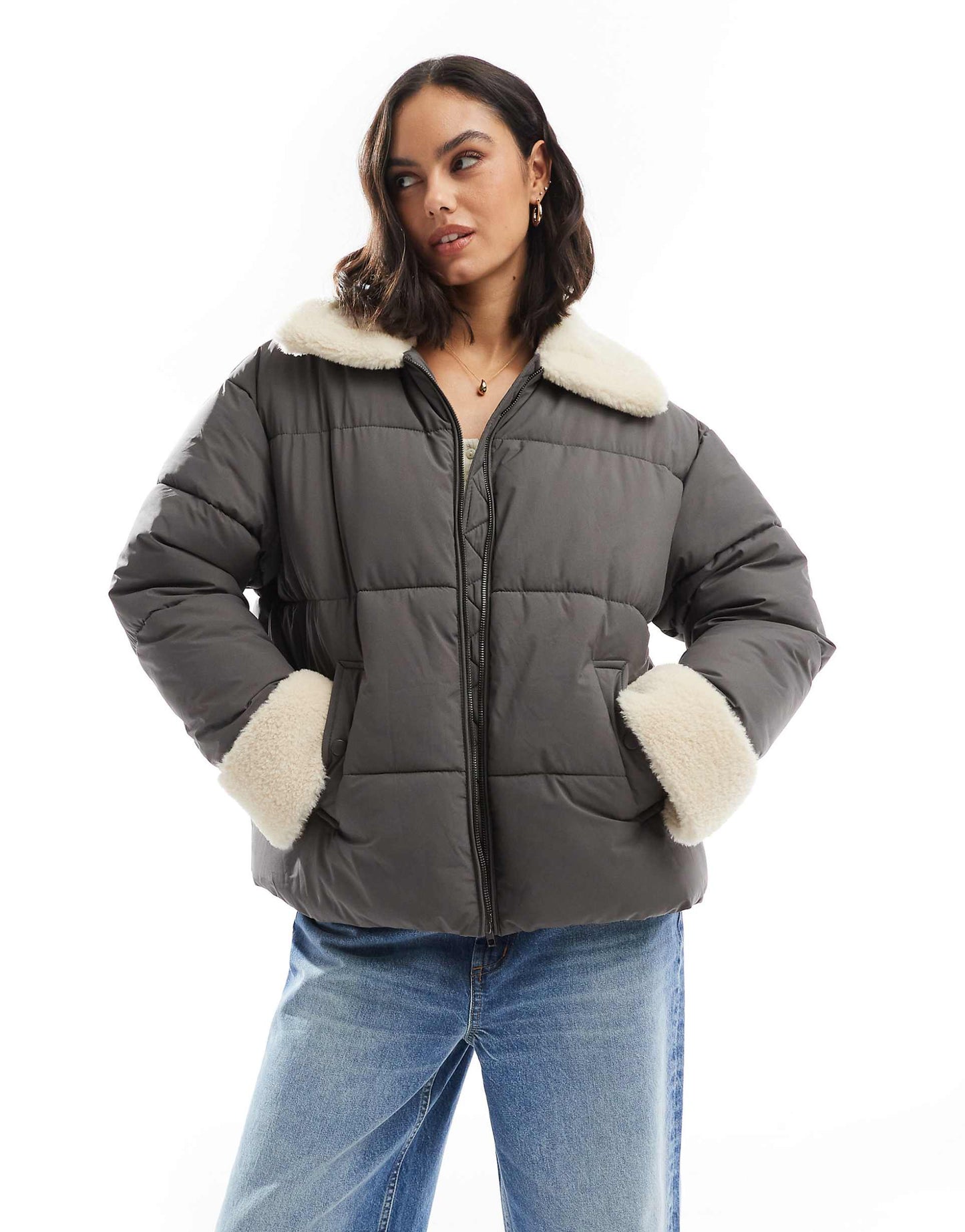 Borg Collar And Cuff Puffer Jacket