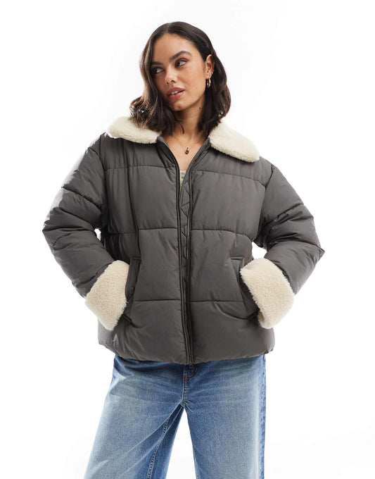 Borg Collar And Cuff Puffer Jacket