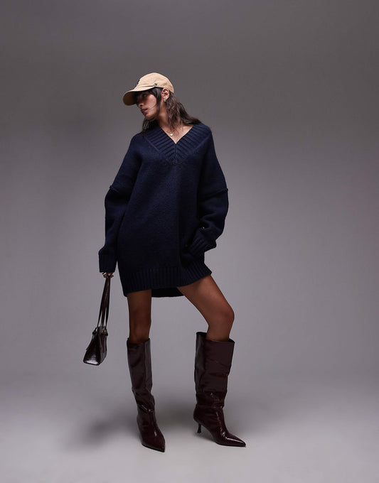 Knitted High V-Neck Mini Oversized Dress