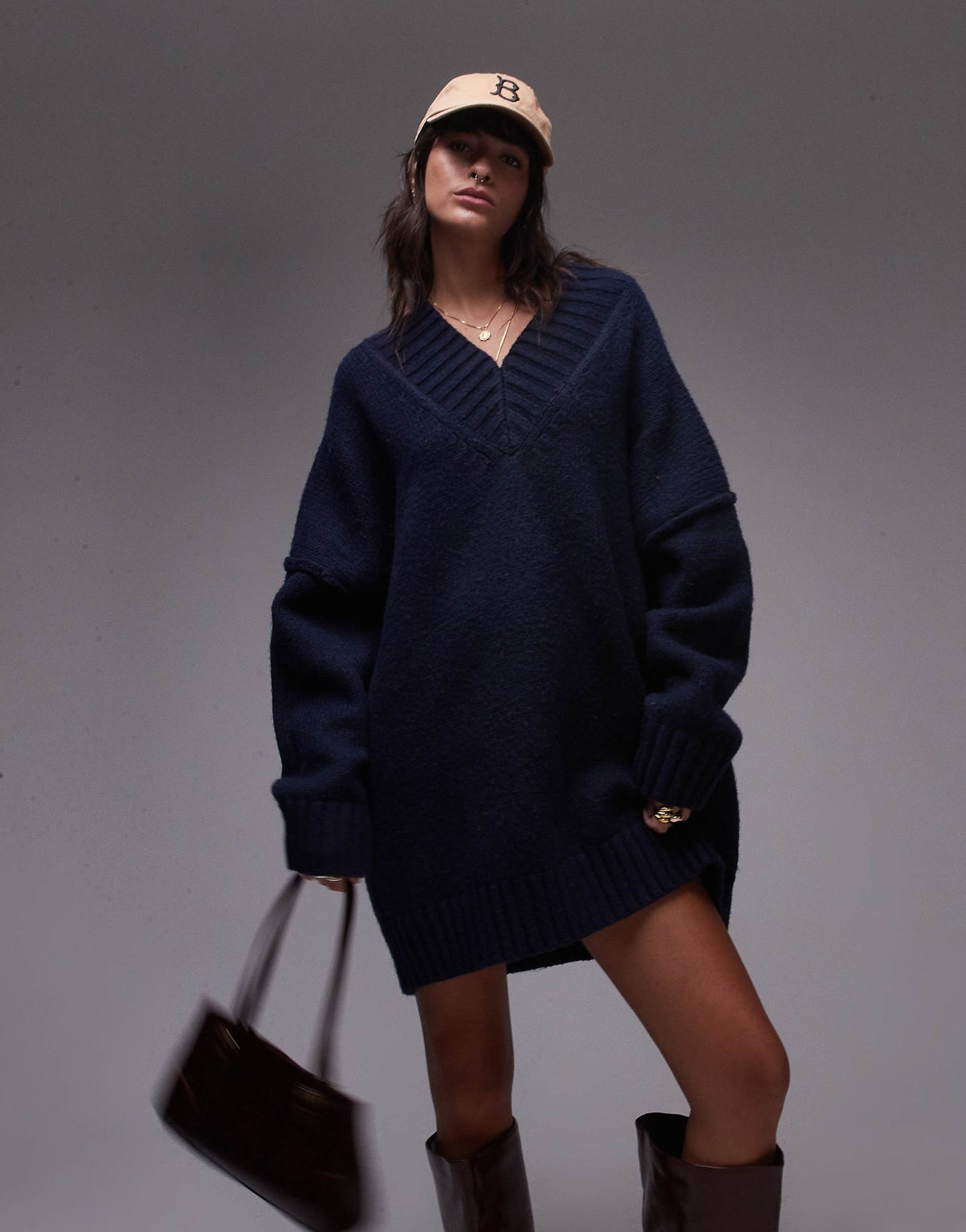 Knitted High V-Neck Mini Oversized Dress