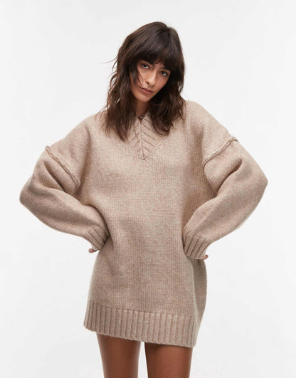 Knitted High V-Neck Mini Oversized Dress