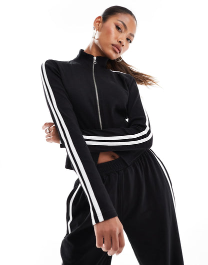 Ribbed Zip Up Stripe Sleeve Jumper Co-Ord