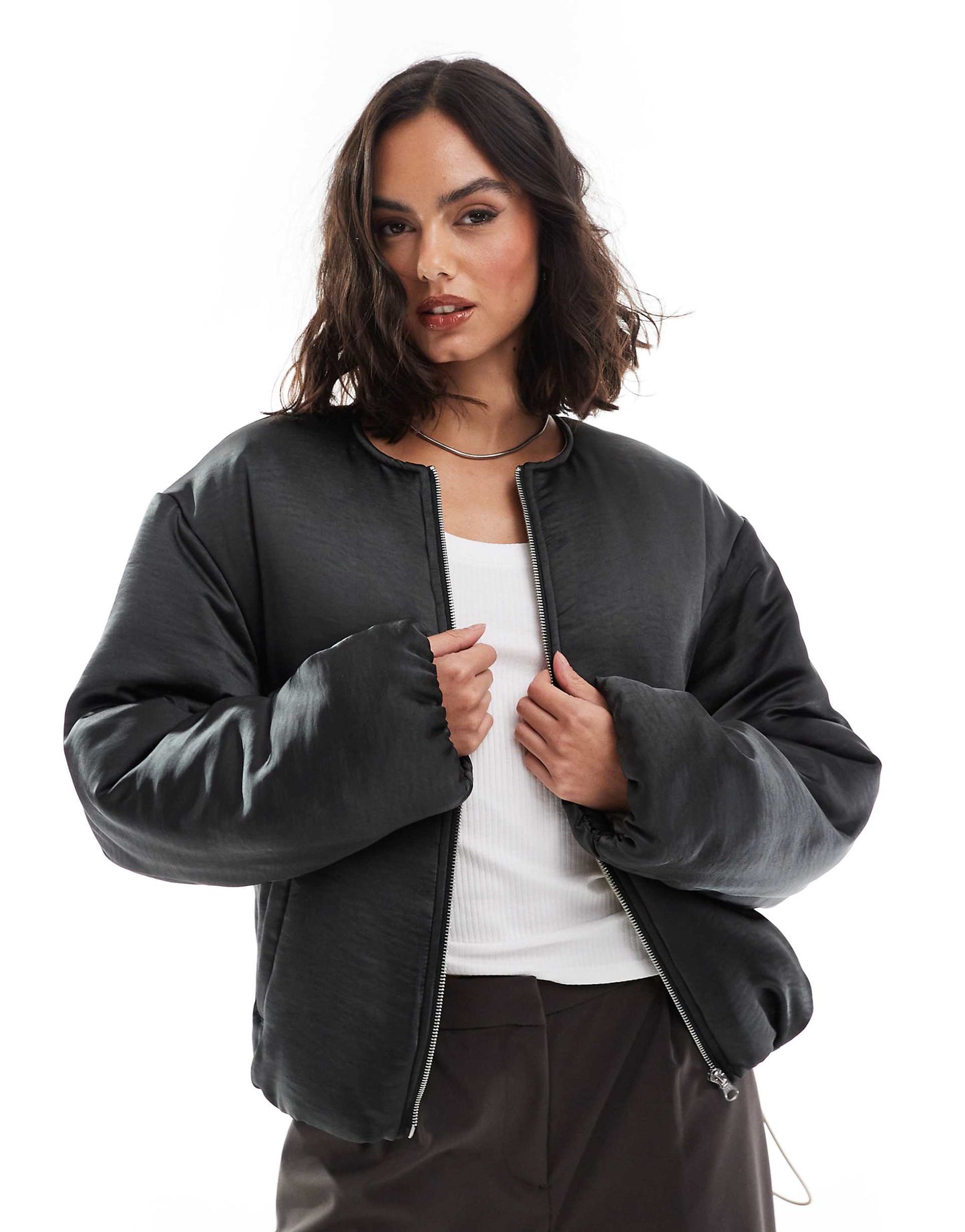 Satin Puffer Collarless Bomber Jacket