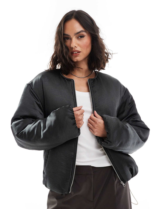 Satin Puffer Collarless Bomber Jacket