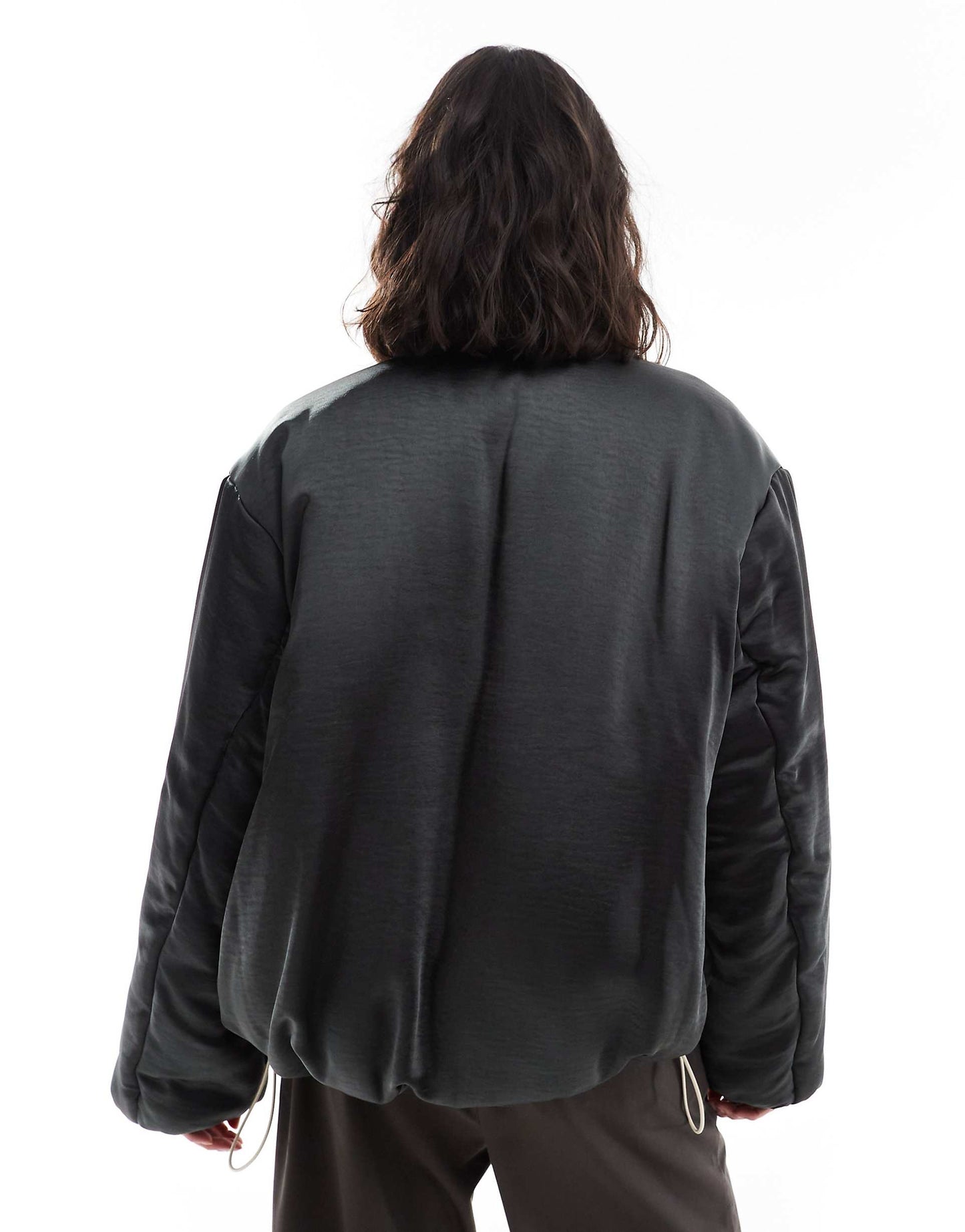 Satin Puffer Collarless Bomber Jacket