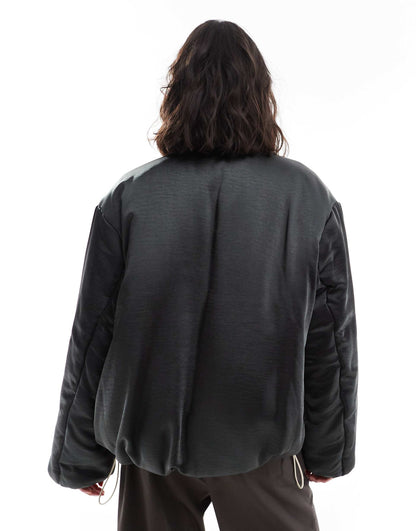 Satin Puffer Collarless Bomber Jacket