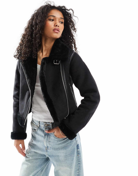 Faux Fur Trim Aviator Jacket