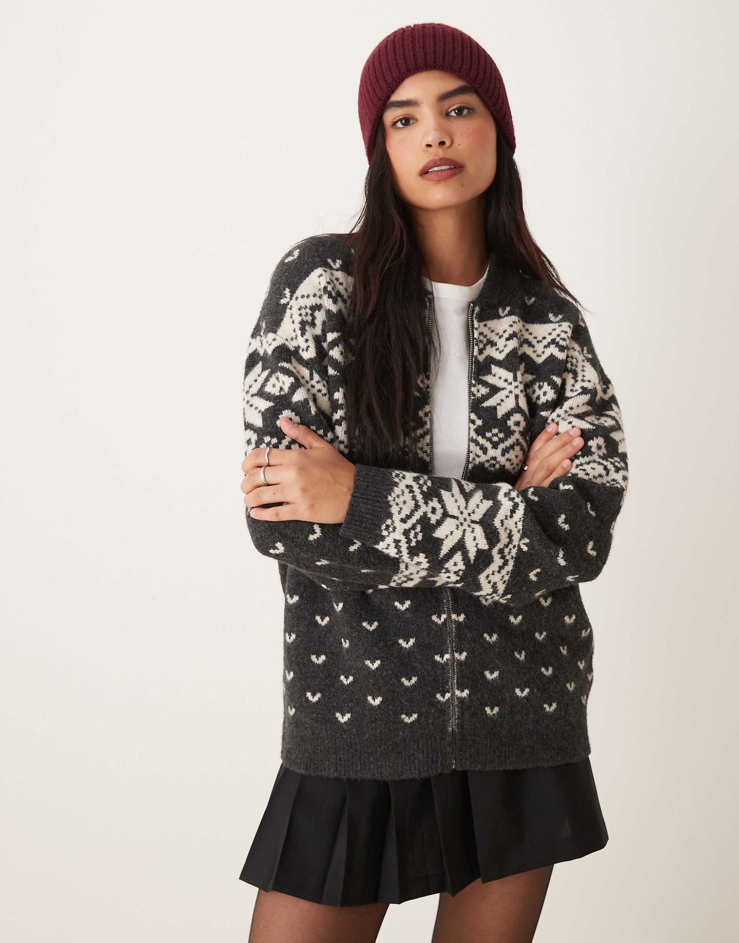 Knitted Collar Zip Through Cardigan With Fairisle Pattern