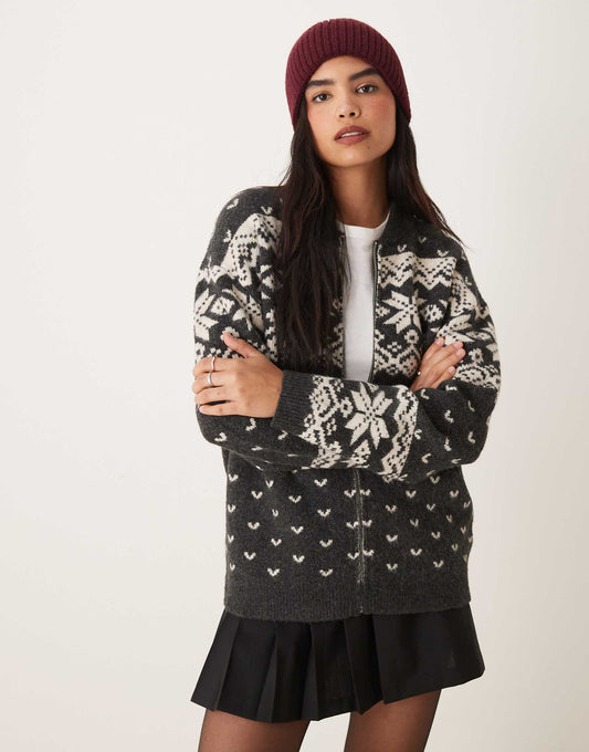 Knitted Collar Zip Through Cardigan With Fairisle Pattern