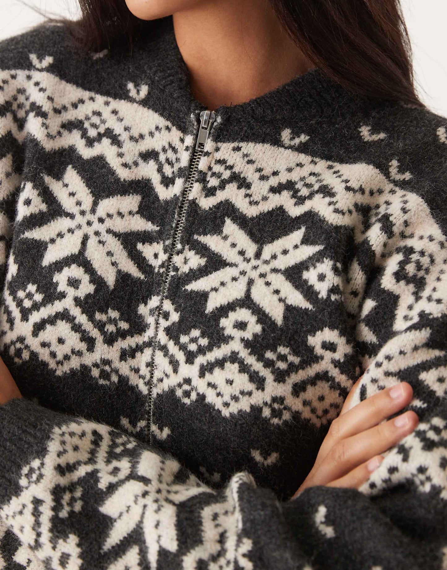 Knitted Collar Zip Through Cardigan With Fairisle Pattern