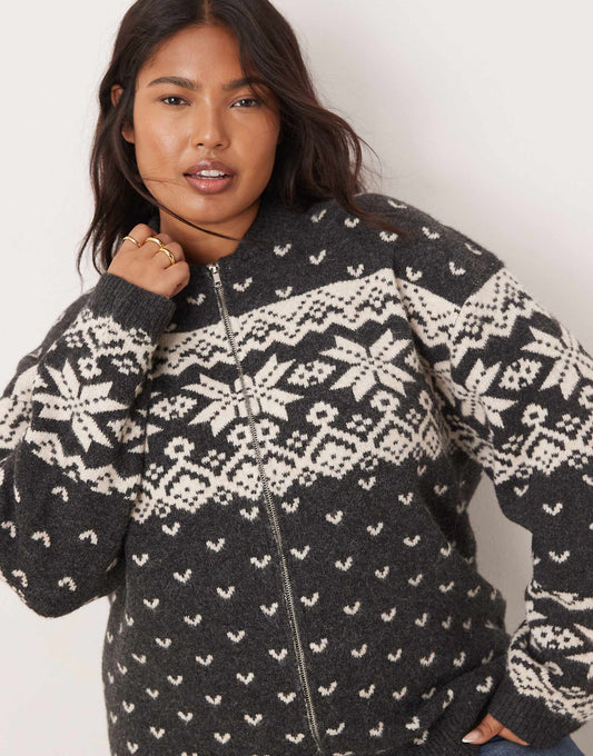 Curve Knitted Collar Zip Through Cardigan With Fairisle Pattern