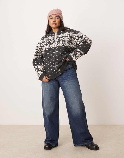 Curve Knitted Collar Zip Through Cardigan With Fairisle Pattern