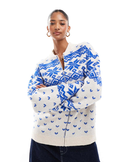 Knitted Collar Zip Through Cardigan With Fairisle Pattern