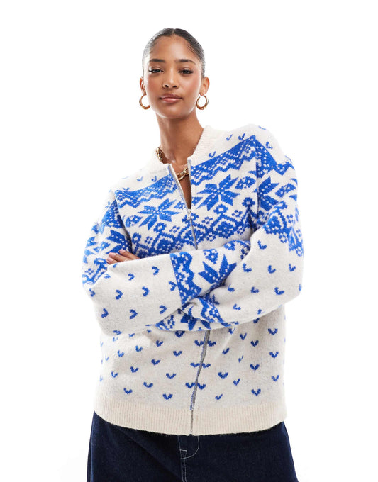 Knitted Collar Zip Through Cardigan With Fairisle Pattern
