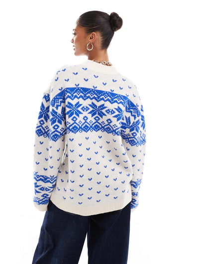 Knitted Collar Zip Through Cardigan With Fairisle Pattern