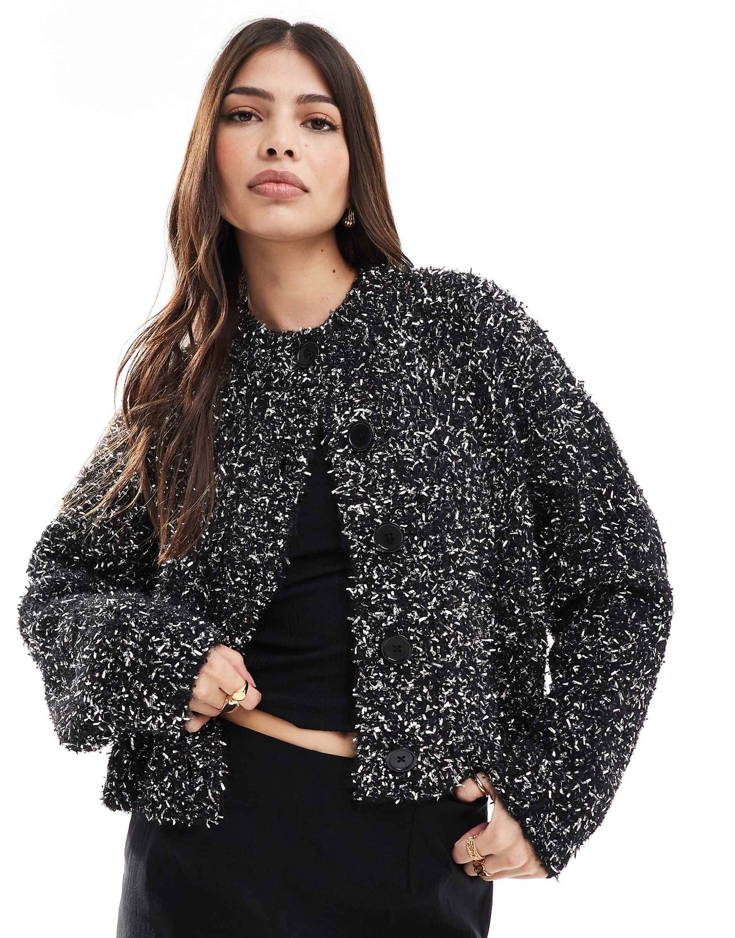 Crew Neck Christmas Cardigan With Tinsel Yarn
