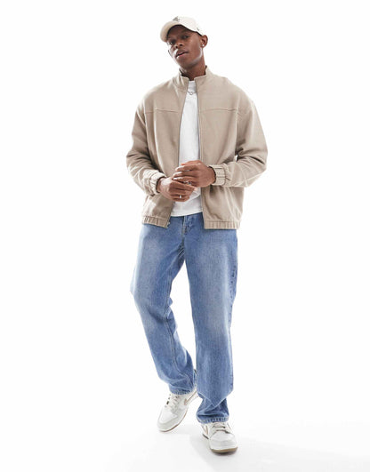 Oversized Ribbed Jersey Harrington Jacket