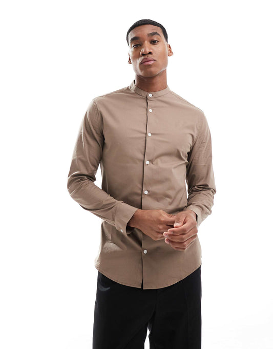 Skinny Poplin Shirt With Grandad Collar