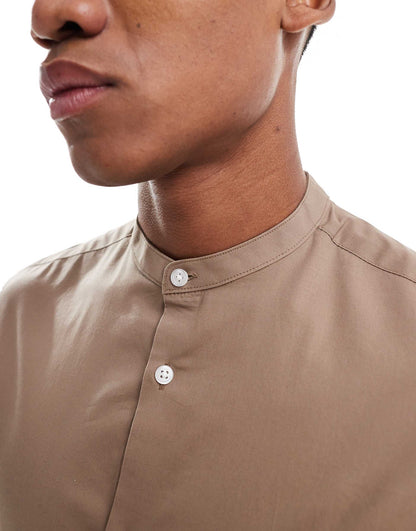 Skinny Poplin Shirt With Grandad Collar