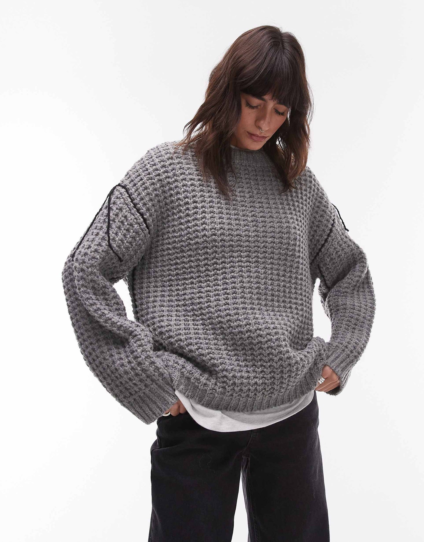 Knitted Half Cardi Exposed Seam Crew Neck Oversized Jumper