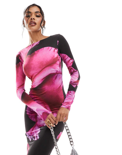 Exclusive Slinky Long Sleeve Low Back Bodycon Maxi Dress