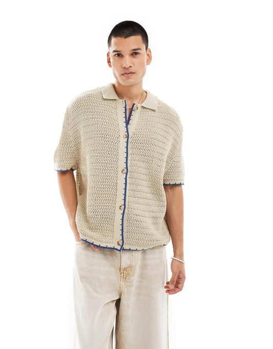 Button Through Knitted Shirt With Blanket Stitch Tipping