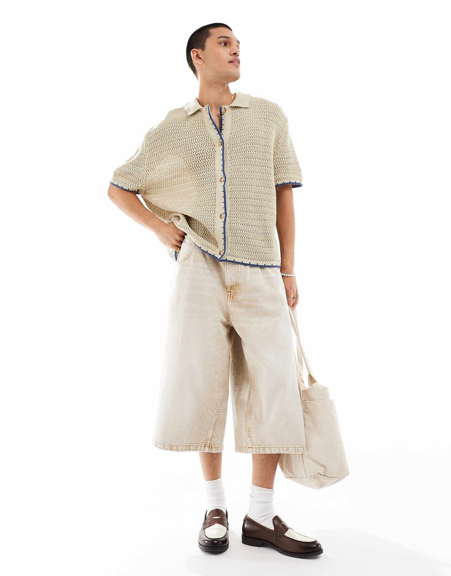 Button Through Knitted Shirt With Blanket Stitch Tipping