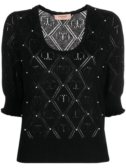 Embellished Pointelle-Knit Top