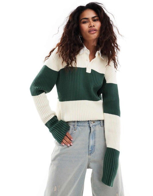 Polo Collar Rugby Stripe Knitted Jumper