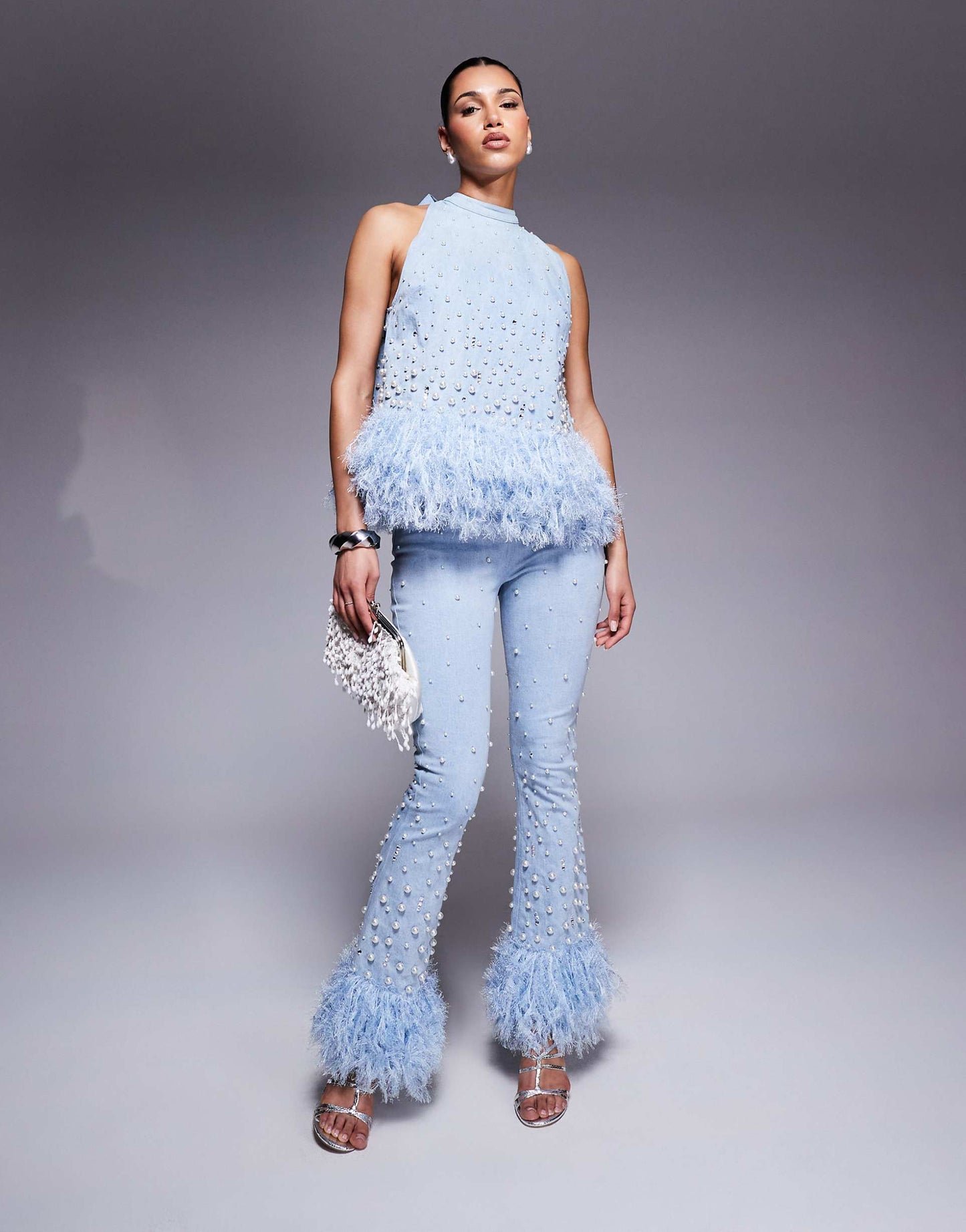 Denim Pearl Bow Back Top With Embellished Pearl Jean With Faux Feather Hem