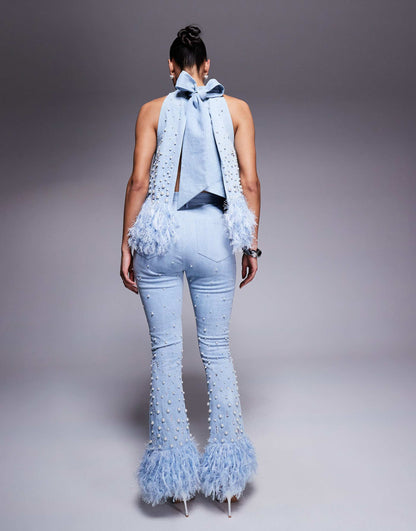 Co-Ord Embellished Pearl Denim Jean With Faux Feather Hem