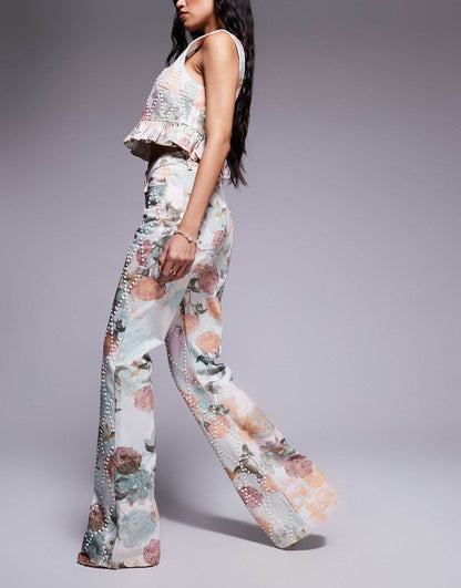 Co-Ord Pearl Embellished Printed Denim Jeans