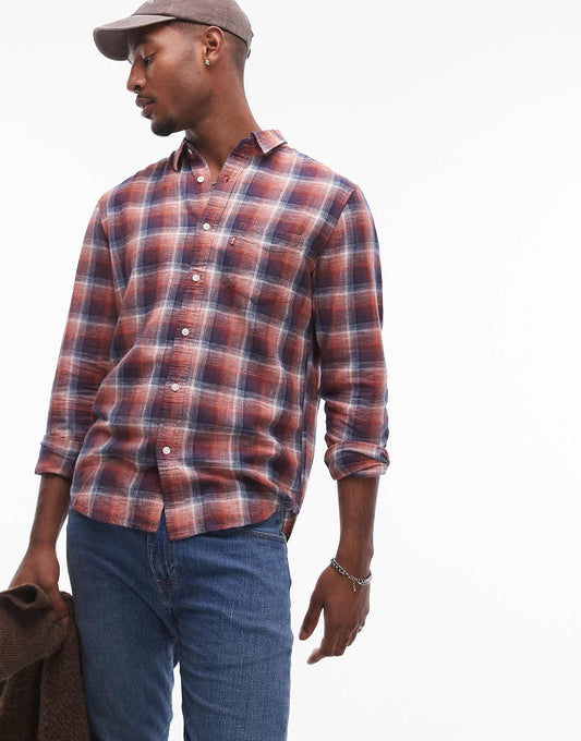 Sunset 1 Pocket Linen Cotton Mix Check Shirt Regular Fit